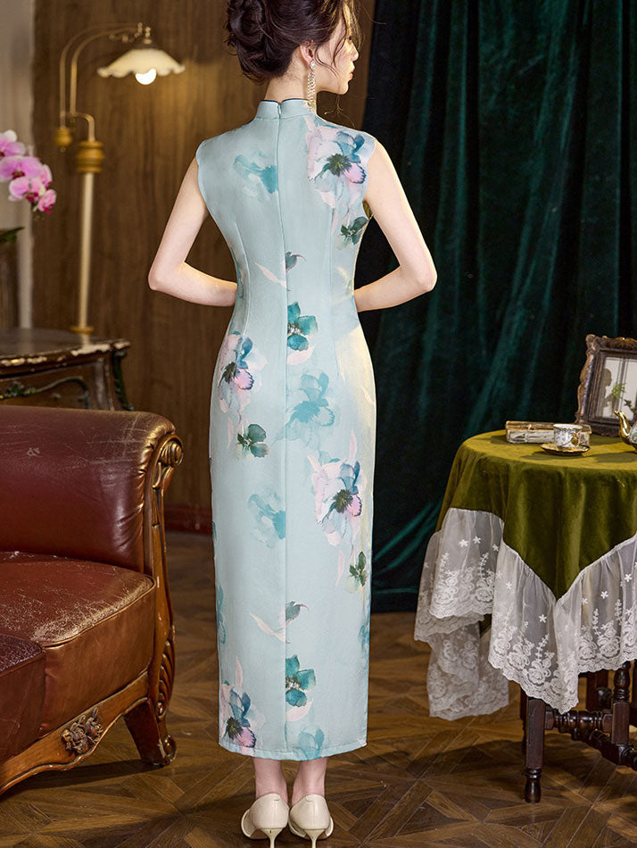 Blue Floral Print Sleeveless Qipao Cheongsam Dress