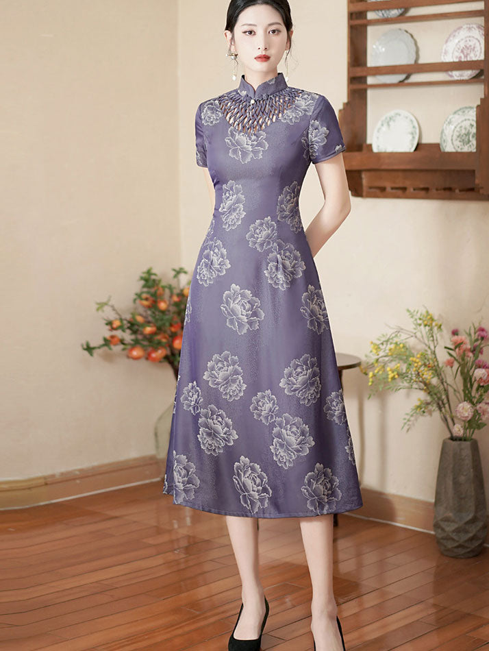 Green Purple Mothers A-Line Floral Qipao Cheongsam Dress