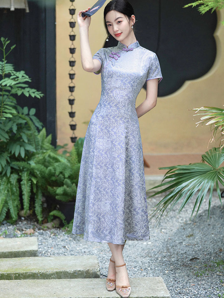 Mothers Floral Print Maxi A-Line Cheongsam Qipao Dress