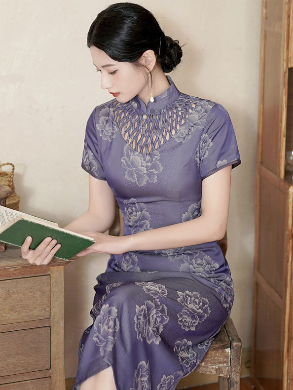 Green Purple Mothers A-Line Floral Qipao Cheongsam Dress