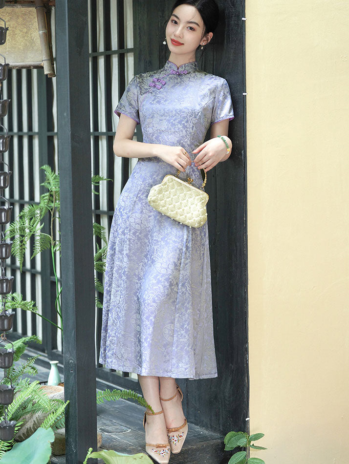 Mothers Floral Print Maxi A-Line Cheongsam Qipao Dress