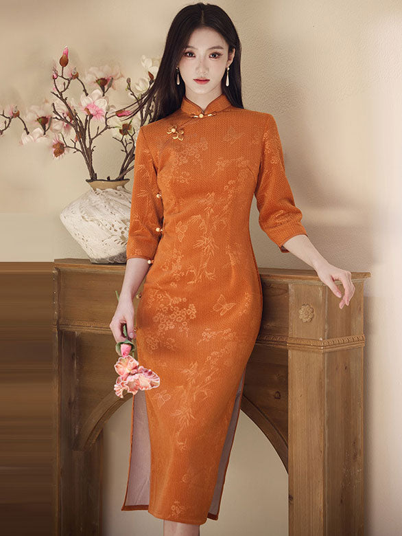 Orange Floral Midi Winter Qipao Cheongsam Dress