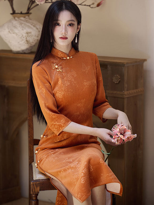 Orange Floral Midi Winter Qipao Cheongsam Dress