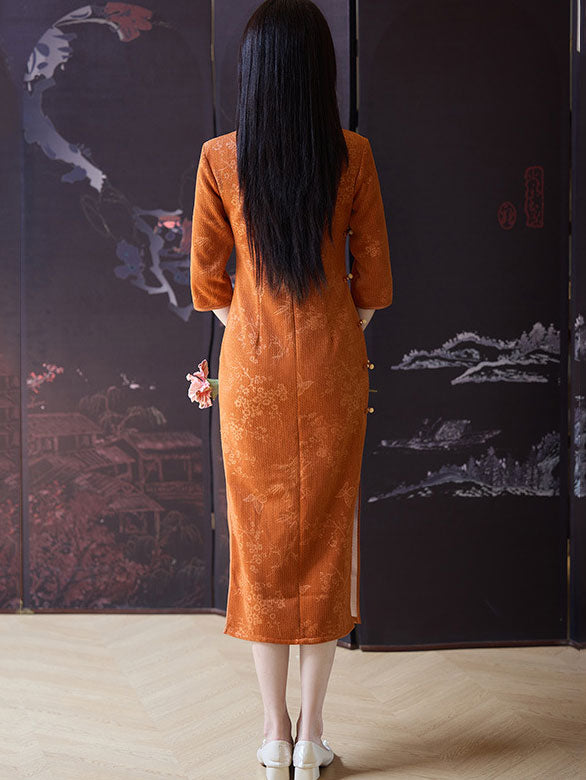 Orange Floral Midi Winter Qipao Cheongsam Dress