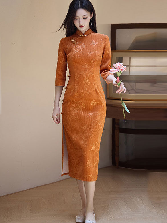 Orange Floral Midi Winter Qipao Cheongsam Dress