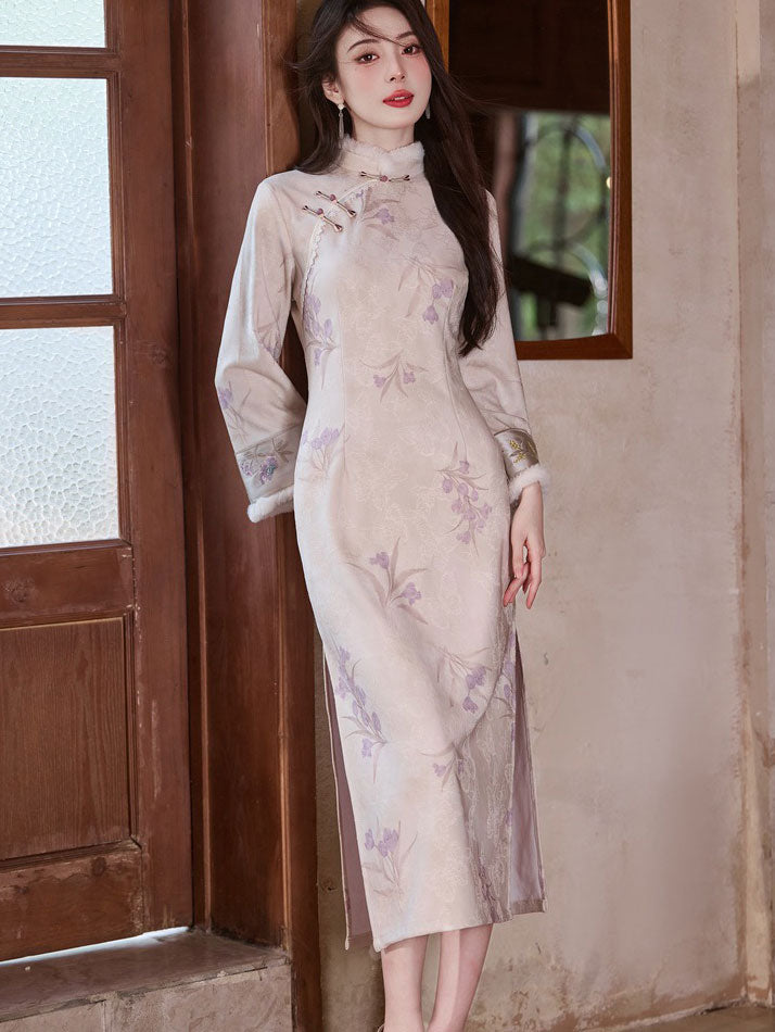 Purple Floral Long Sleeve Winter Cheongsam Qipao Dress
