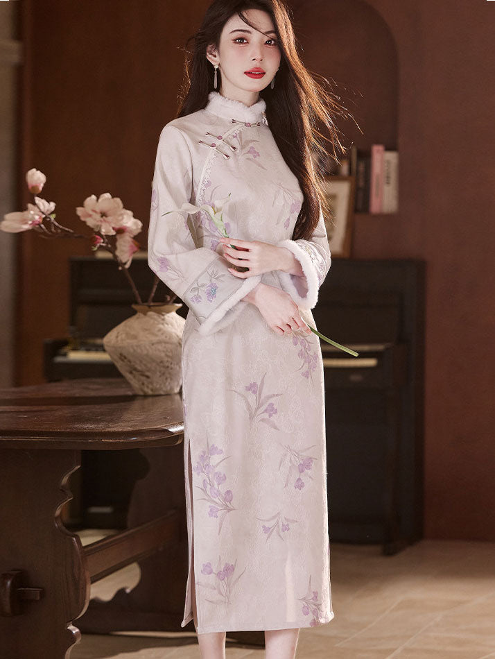 Purple Floral Long Sleeve Winter Cheongsam Qipao Dress