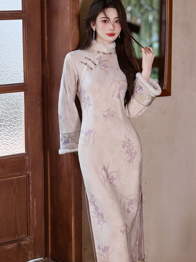 Purple Floral Long Sleeve Winter Cheongsam Qipao Dress