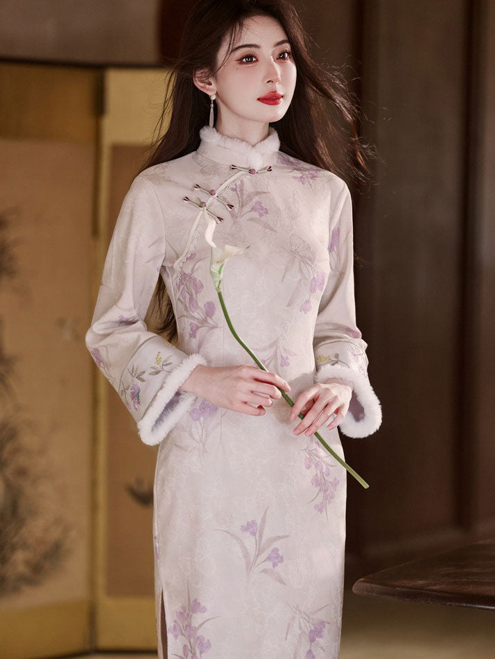Purple Floral Long Sleeve Winter Cheongsam Qipao Dress