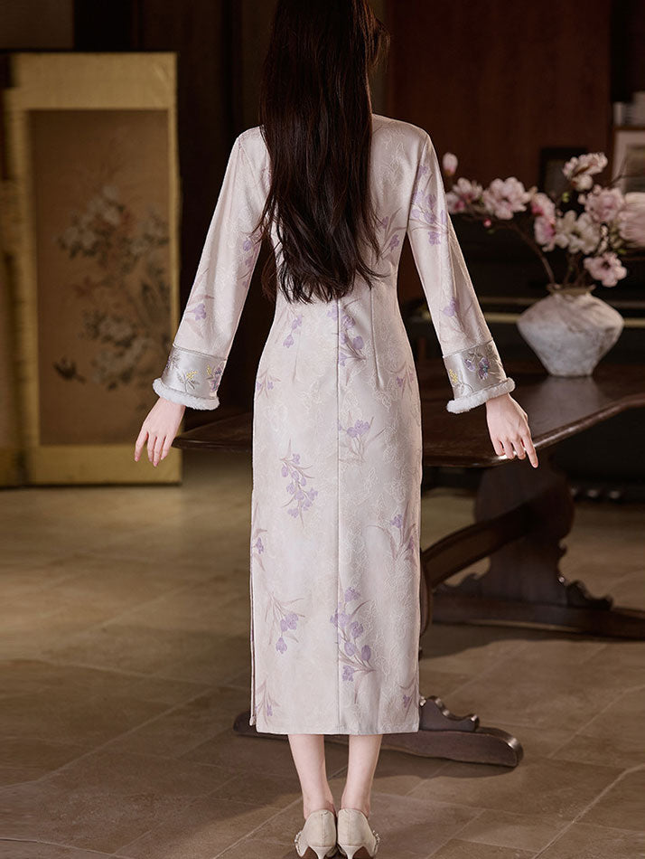 Purple Floral Long Sleeve Winter Cheongsam Qipao Dress