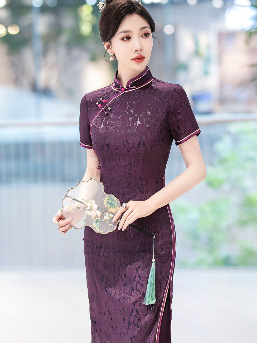 Purple Jacquard Floral Silk Qipao Cheongsam Dress