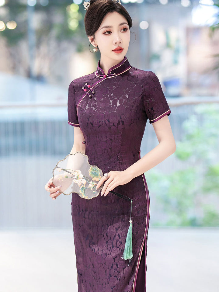 Purple Jacquard Floral Silk Qipao Cheongsam Dress