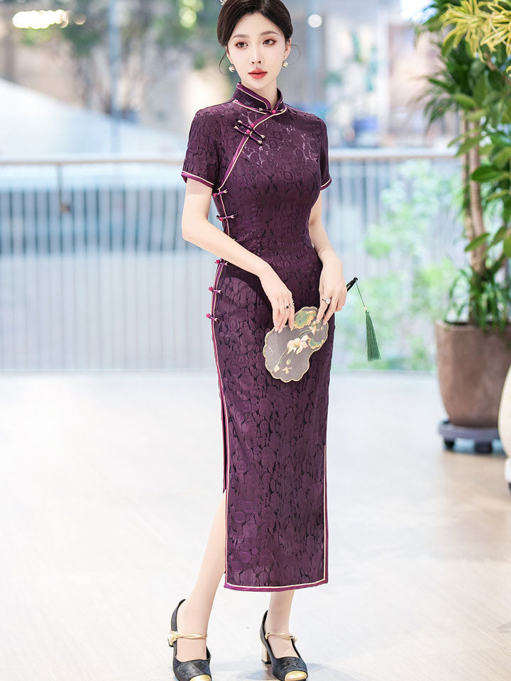 Purple Jacquard Floral Silk Qipao Cheongsam Dress