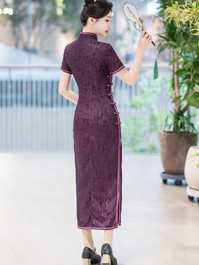 Purple Jacquard Floral Silk Qipao Cheongsam Dress
