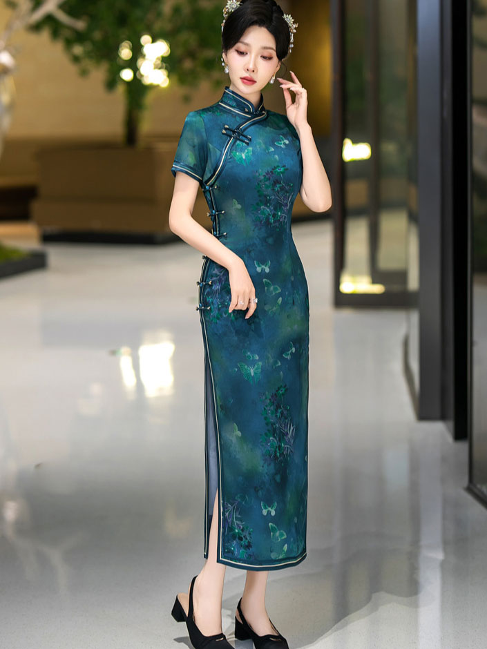 Blue Floral Print Silk Long Qipao Cheongsam Dress