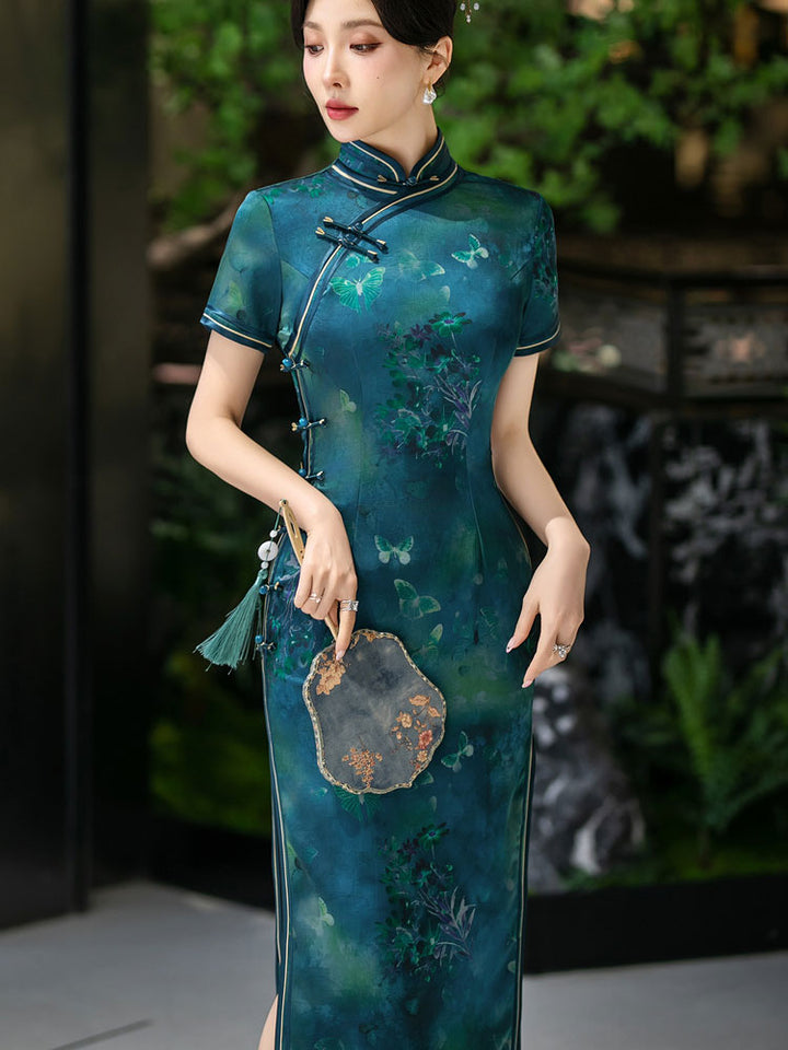 Blue Floral Print Silk Long Qipao Cheongsam Dress
