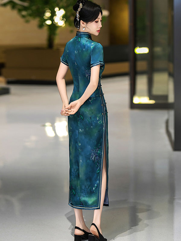 Blue Floral Print Silk Long Qipao Cheongsam Dress