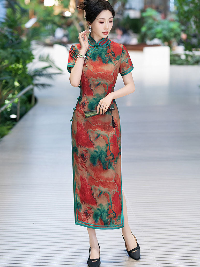 Sunset Red Print Silk Mothers Maxi Qipao Cheongsam Dress