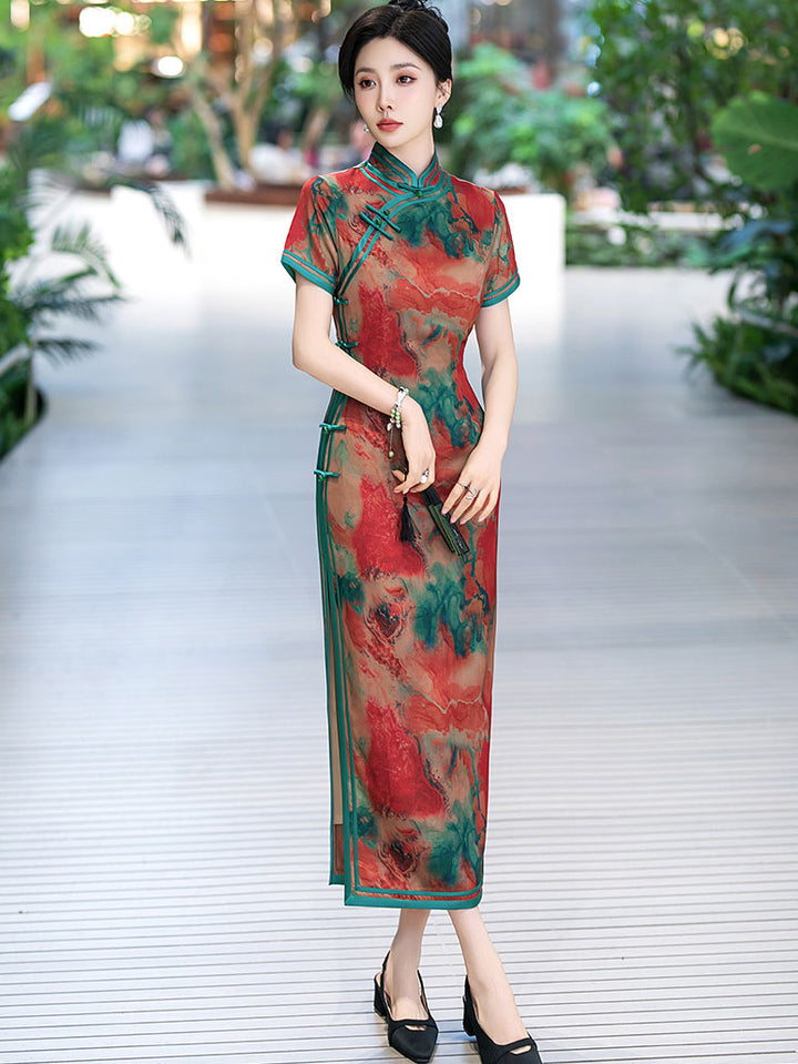 Sunset Red Print Silk Mothers Maxi Qipao Cheongsam Dress
