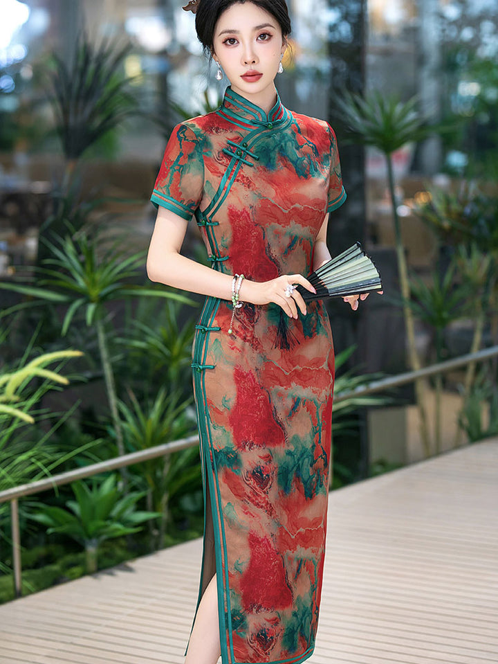 Sunset Red Print Silk Mothers Maxi Qipao Cheongsam Dress