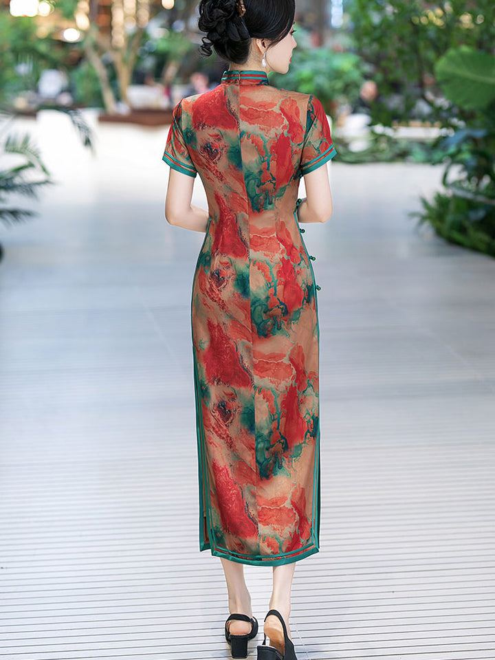 Sunset Red Print Silk Mothers Maxi Qipao Cheongsam Dress