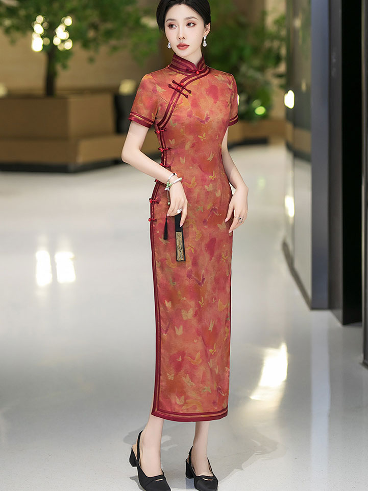 Red Floral Print Silk Maxi Qipao Cheongsam Dress