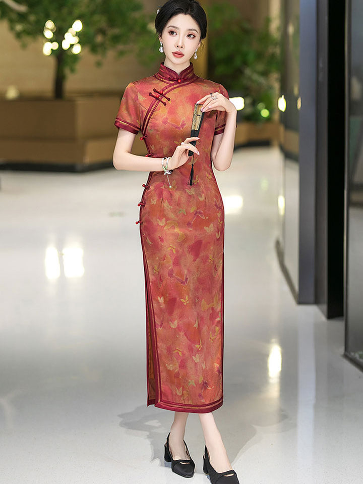 Red Floral Print Silk Maxi Qipao Cheongsam Dress