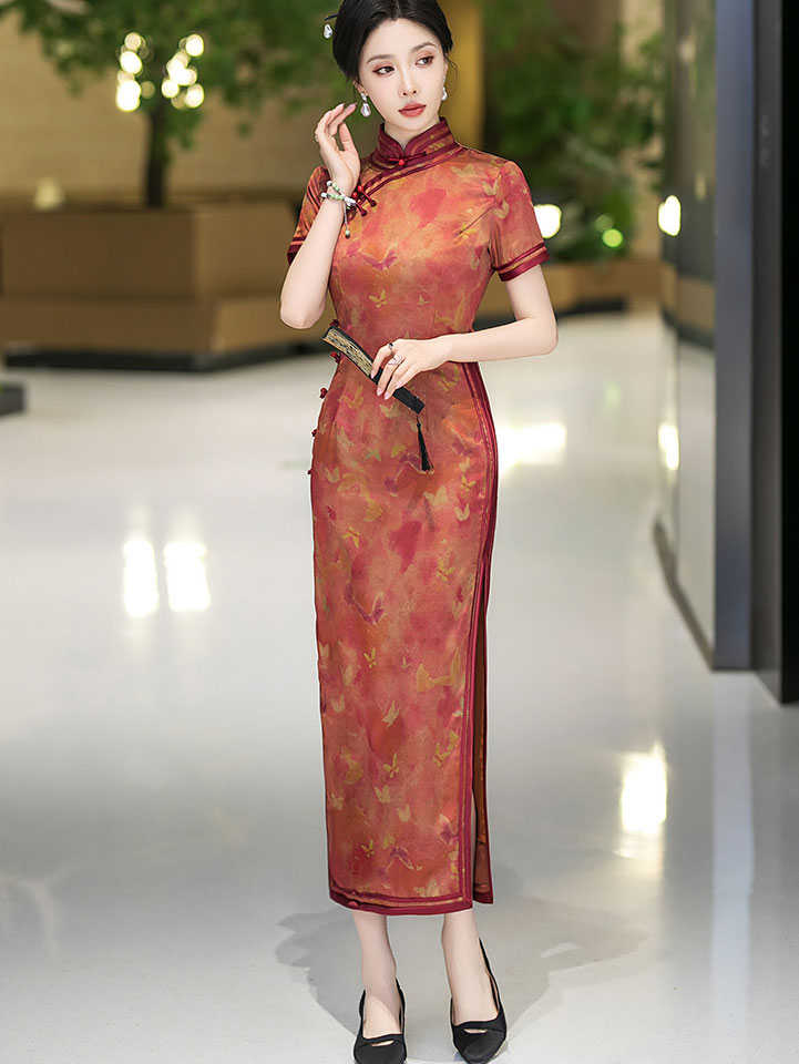 Red Floral Print Silk Maxi Qipao Cheongsam Dress