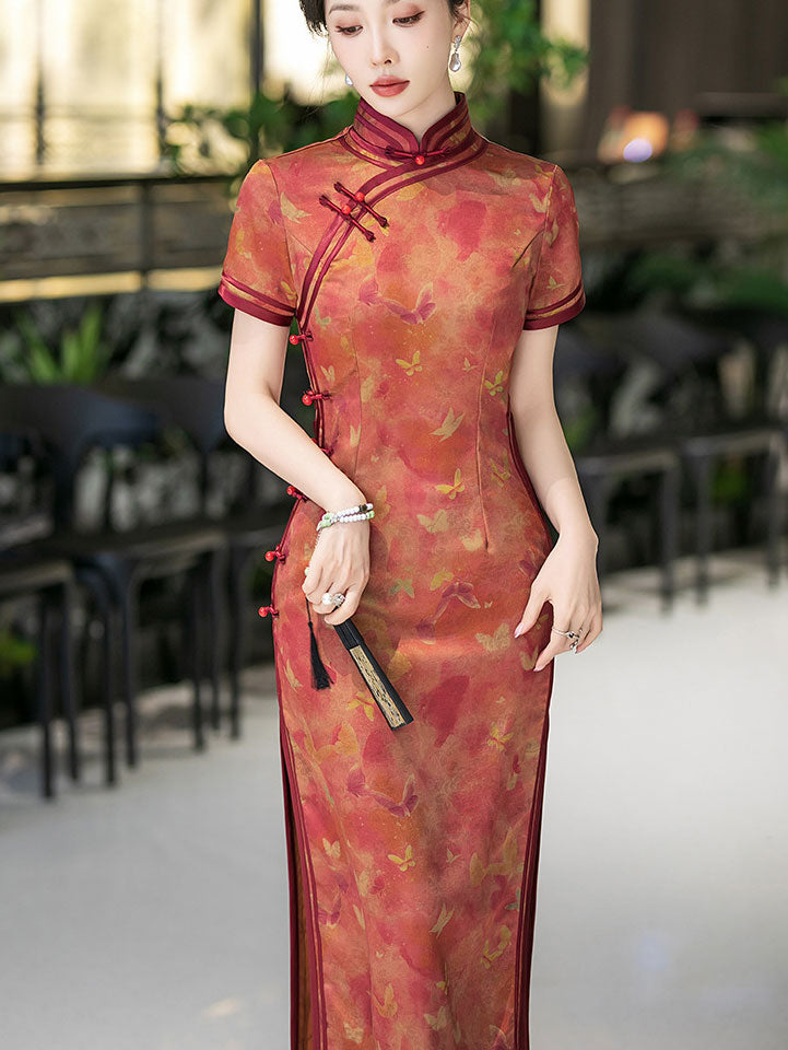 Red Floral Print Silk Maxi Qipao Cheongsam Dress