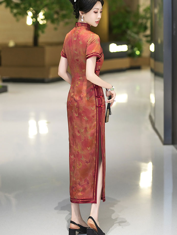 Red Floral Print Silk Maxi Qipao Cheongsam Dress