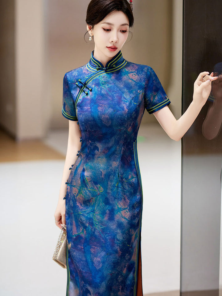 Blue Print Silk Long Qipao Cheongsam Dress
