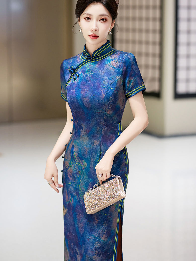 Blue Print Silk Long Qipao Cheongsam Dress