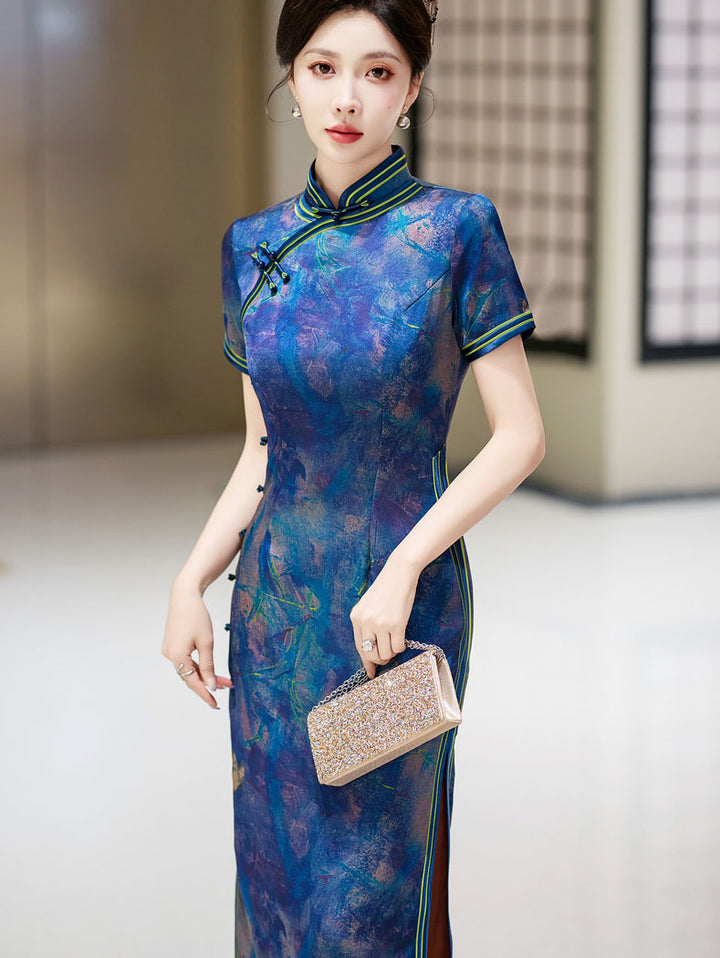 Blue Print Silk Long Qipao Cheongsam Dress