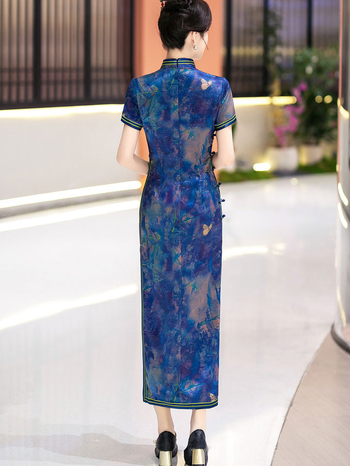 Blue Print Silk Long Qipao Cheongsam Dress
