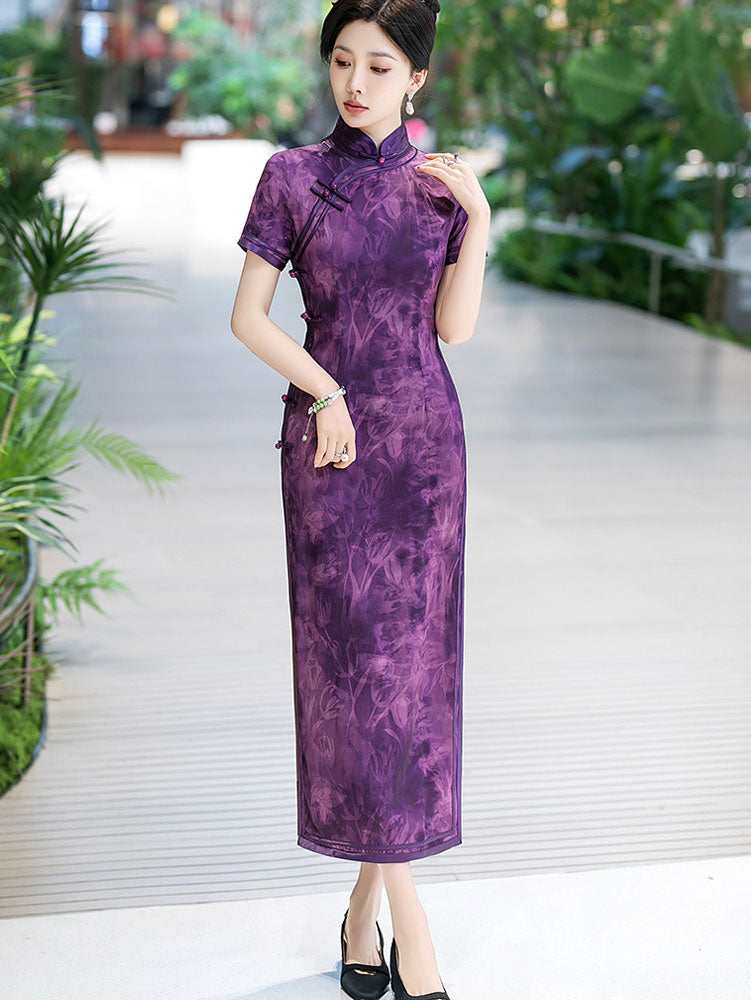 Purple Floral Print Silk Long Qipao Cheongsam Dress