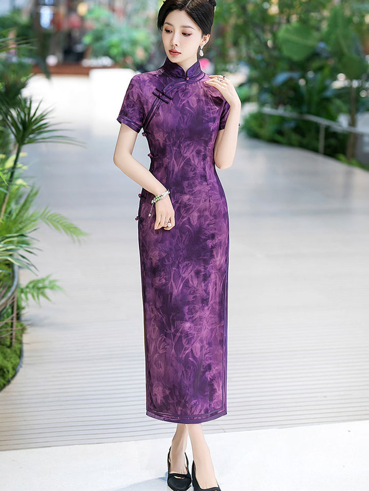 Purple Floral Print Silk Long Qipao Cheongsam Dress