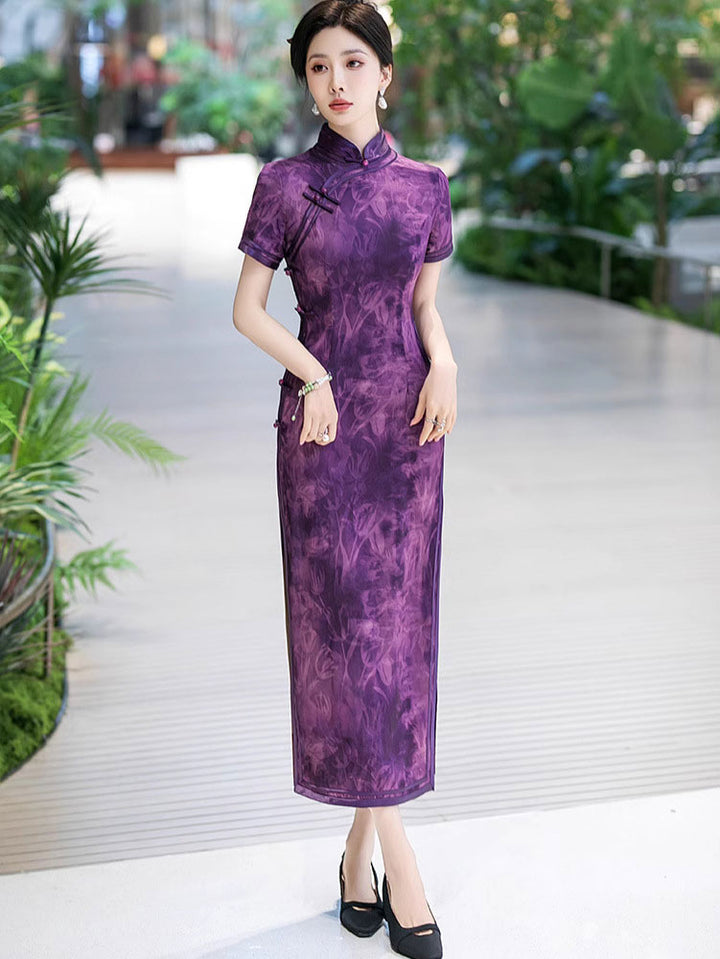 Purple Floral Print Silk Long Qipao Cheongsam Dress