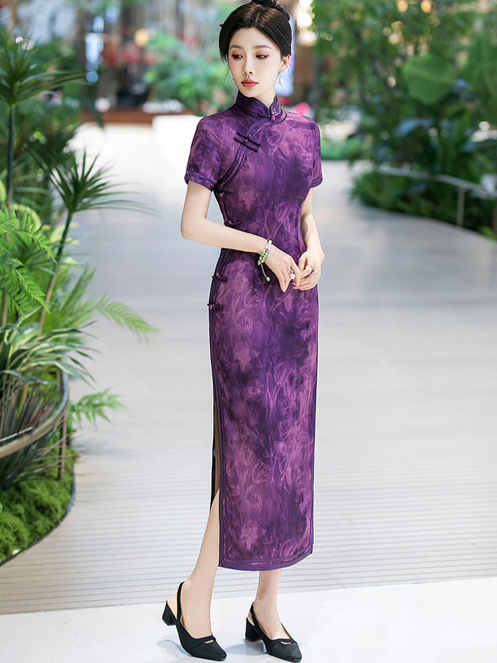 Purple Floral Print Silk Long Qipao Cheongsam Dress