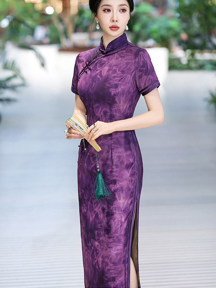 Purple Floral Print Silk Long Qipao Cheongsam Dress