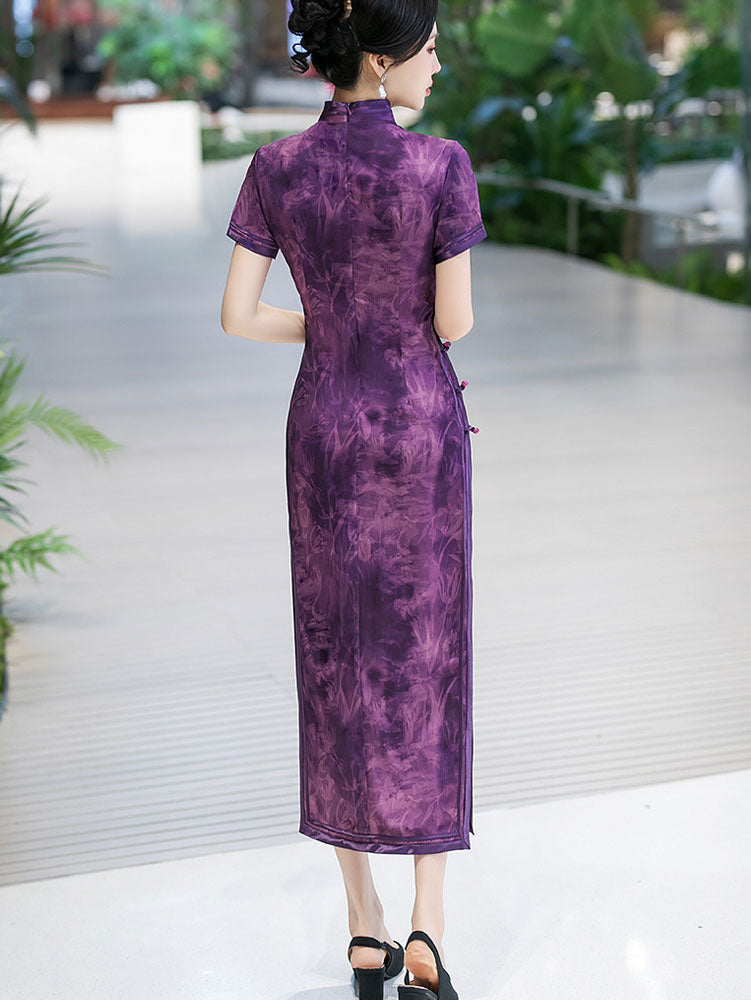 Purple Floral Print Silk Long Qipao Cheongsam Dress