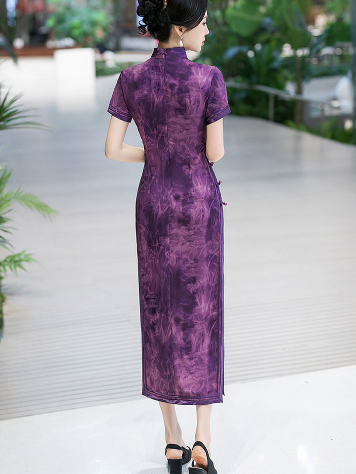 Purple Floral Print Silk Long Qipao Cheongsam Dress