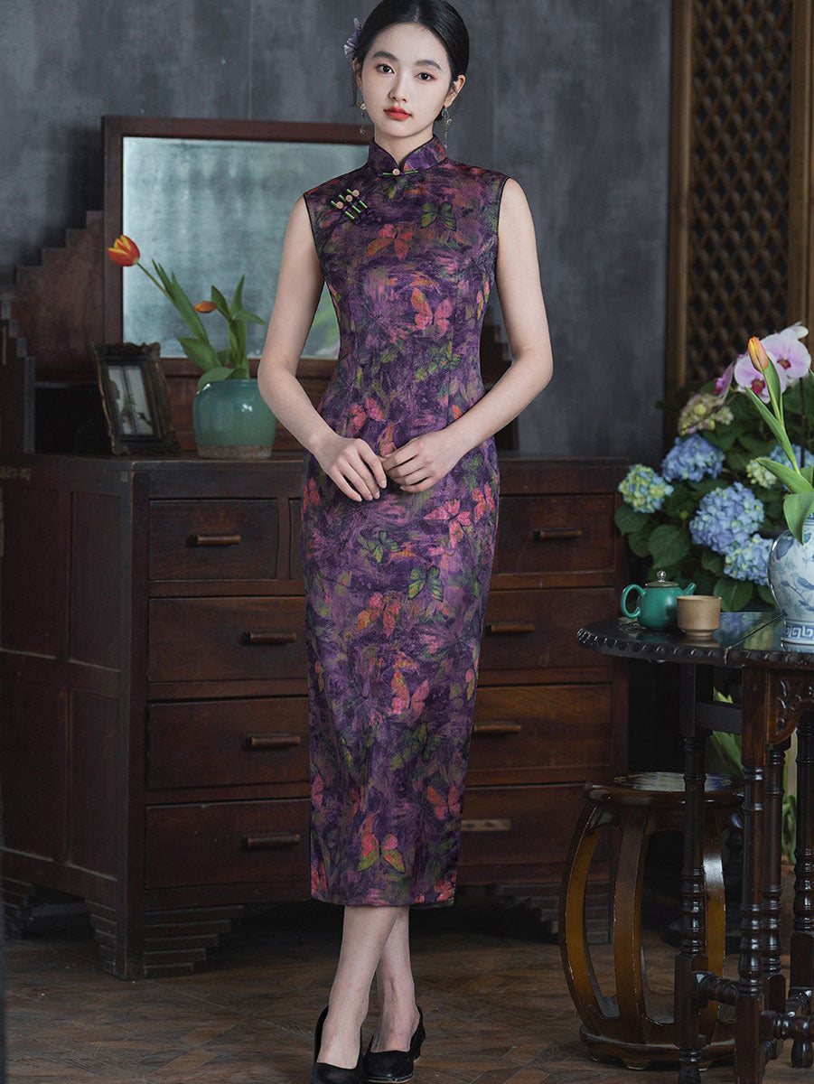Purple Butterfly Print Long Cheongsam Qipao Dress