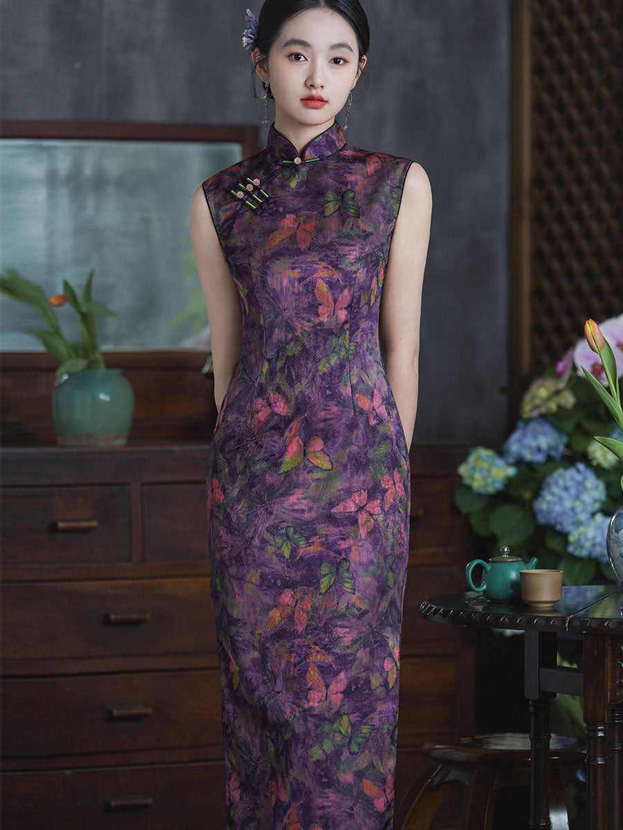 Purple Butterfly Print Long Cheongsam Qipao Dress
