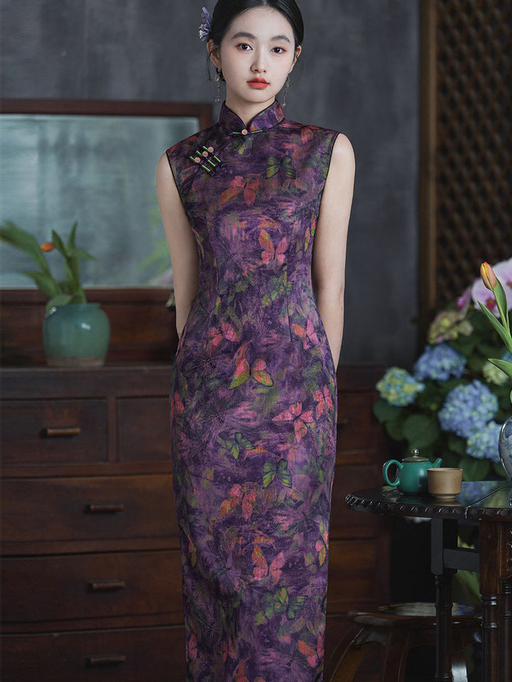 Purple Butterfly Print Long Cheongsam Qipao Dress