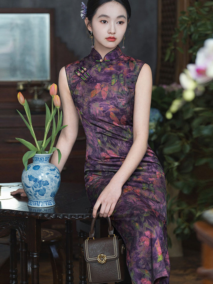 Purple Butterfly Print Long Cheongsam Qipao Dress