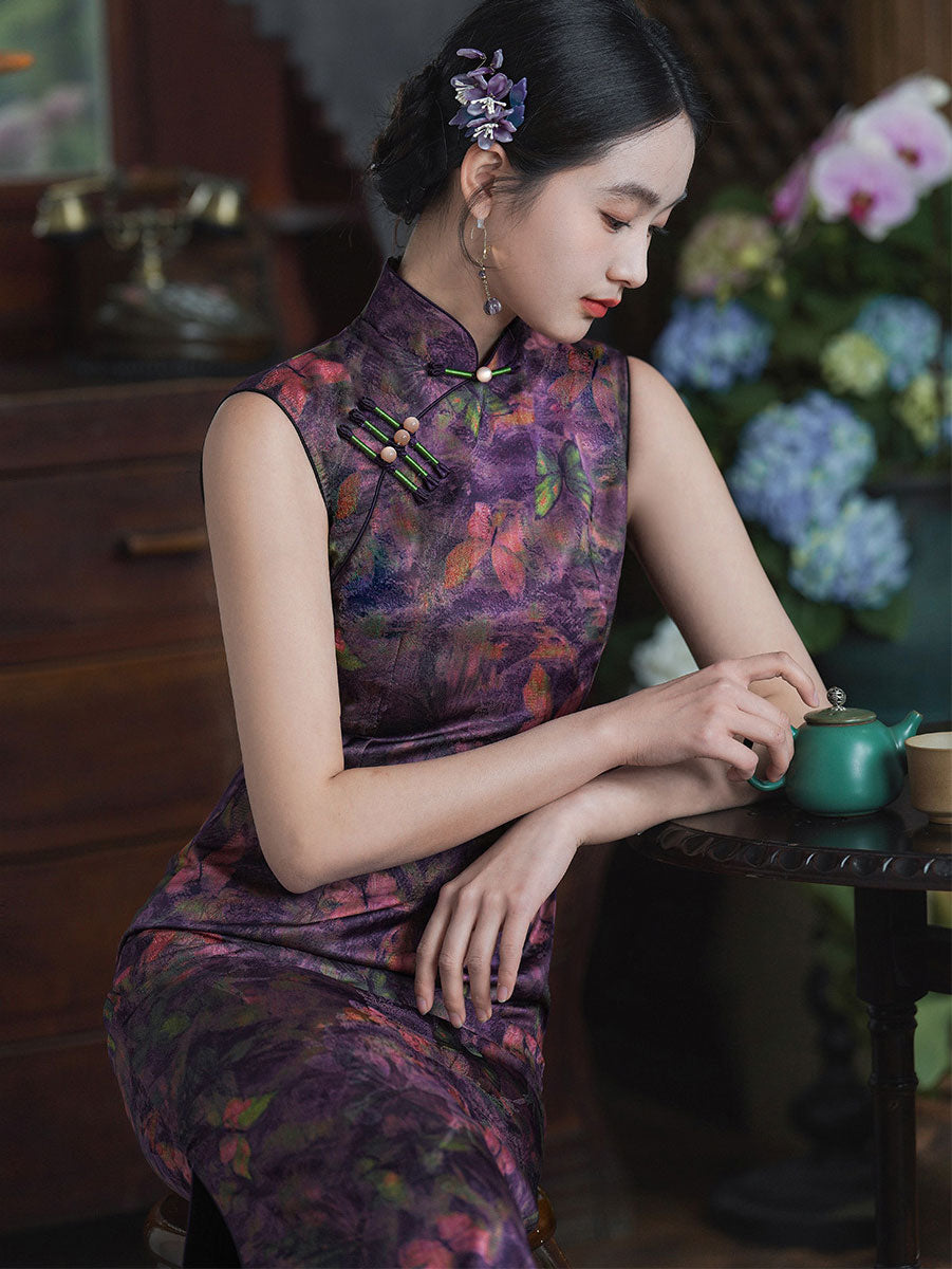 Purple Butterfly Print Long Cheongsam Qipao Dress