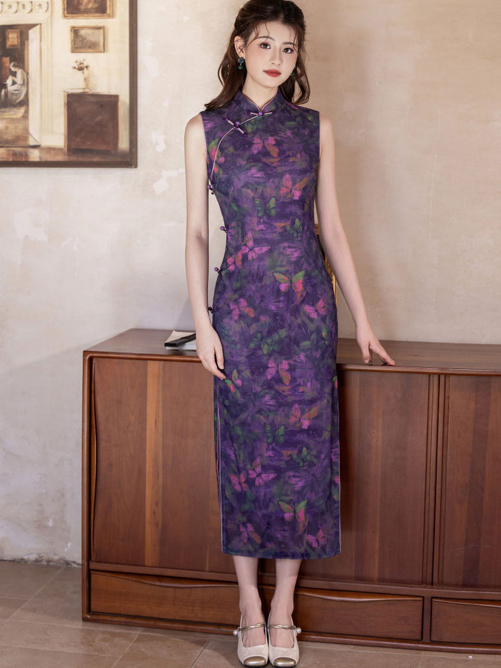 Purple Butterfly Print Long Cheongsam Qipao Dress