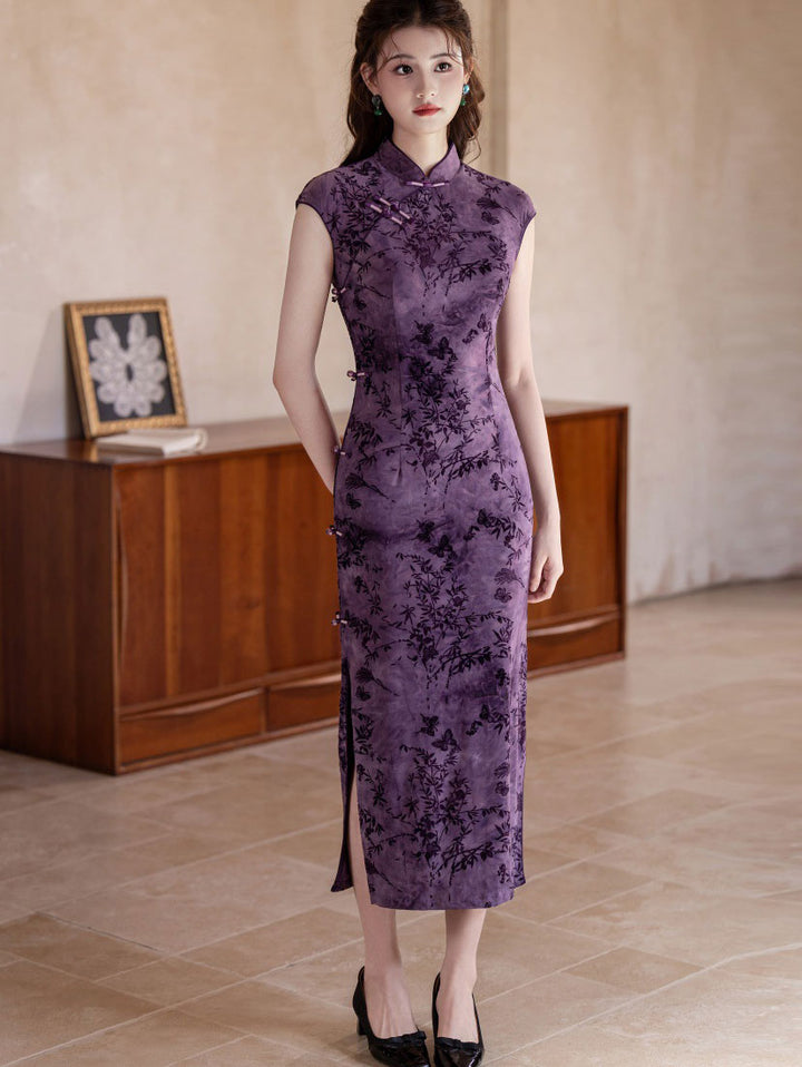 Purple Floral Velvet Long Qipao Cheongsam Dress