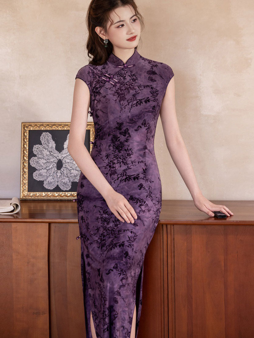 Purple Floral Velvet Long Qipao Cheongsam Dress