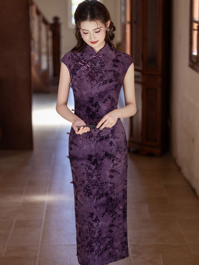 Purple Floral Velvet Long Qipao Cheongsam Dress